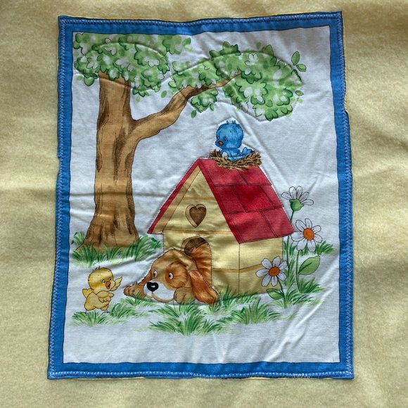 Vintage Hand Crafted Yellow Baby Blanket Animal Appliques Satin Edge Floor Time - Picture 1 of 16